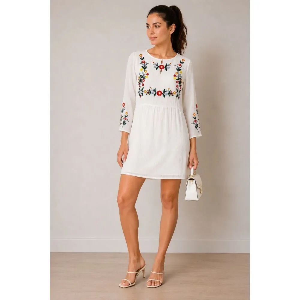 Forever 21 White Floral Embroidered Mini Dress Boho Peasant Size M